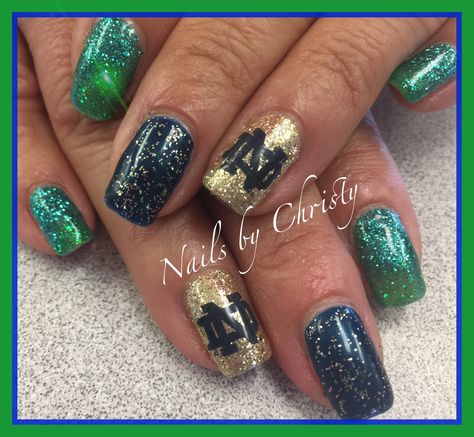 Notre Dame Nails by Christy @Mane Tamers Mishawaka Indiana Notre Dame Football Nails, Notre Dame Nails Designs, Notre Dame Nails, Football Nails Design, Nfl Nails, Football Nail Designs, Irish Nails, Noter Dame, Mishawaka Indiana