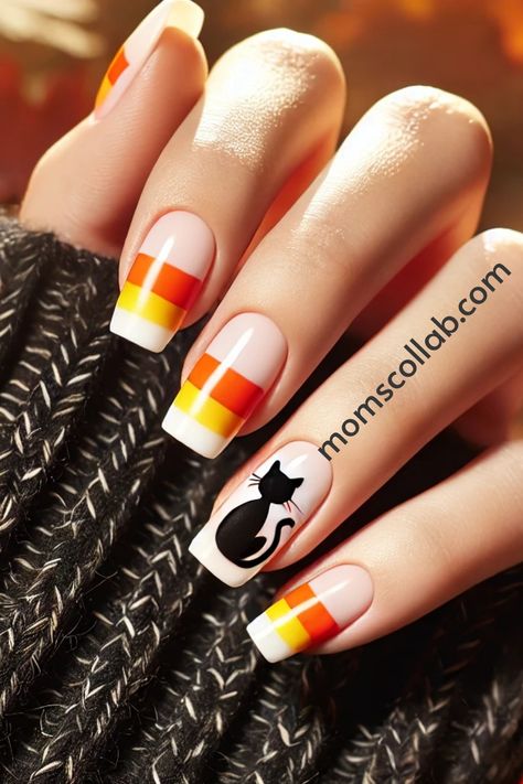 Orange, yellow, and white candy corn nail designs are the perfect way to embrace the sweetness of the season. Candy Corn Nail Designs, Aztec Nail Designs, Round Shaped Nails, Cat Nail Designs, Candy Corn Nails, Classic Nail Art, Sweet And Spooky, Aztec Nails, Spooky Ideas