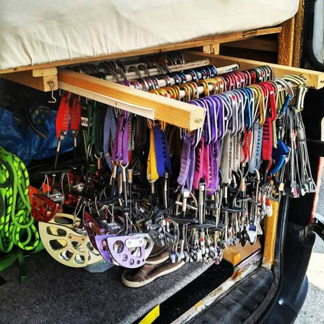 Use these 18 climbing gear storage ideas as inspiration when deciding how to organize your own gear closet. (Hint: it's all about the pegboards.) Climbing Gear Rack, Climbing Gear Organization, Gear Room Organization, Outdoor Gear Organization, Outdoor Gear Storage, Camping Gear Organization, Rock Climbing Workout, Gear Organization, Rock Climbing Training