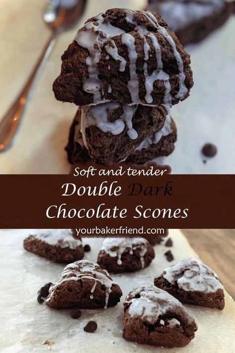 Double Dark Chocolate Scones — Your Baker Friend Chocolate Scones Recipe, English Scones, Chocolate Scones, German Chocolate, Scone Recipe, Homemade Treats, Time Of Day, Breakfast Dessert, Double Chocolate