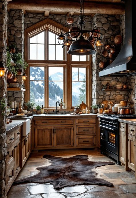 Rustic Kitchen Mountain Lodge Kitchen, Cabin Interiors Kitchen, Mountain Kitchen Ideas, Airbnb Styling, Mountain Cabin Kitchen, Cabin Kitchens Rustic, Reclaimed Wood Island, Cozy Cabin Kitchen, Mountain House Kitchen