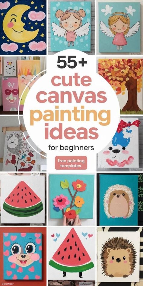 Collage of beginner-friendly cute canvas painting ideas including angel, moon, watermelon, dog, and hedgehog designs. Canvas Kids Art Ideas, Easy Kids Canvas Painting Ideas, Disney Watercolor Paintings Easy, Easy Kids Painting Ideas On Canvas, Easy Kids Painting Ideas, Easy Valentine Canvas Painting Ideas, Cute Pictures To Paint, Painting Ideas On Canvas For Kids, Easy Painting Ideas On Canvas For Beginners Simple Inspiration