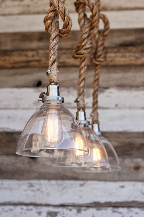 Rough Rope and Clear Glass Pendant Rope Light Fixture, Manila Rope, Rustic Lamp, Rope Pendant Light, Rustic Light Fixtures, Wooden Ceiling, Rustic Kitchen Design, Lamp Glass, Rope Light