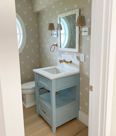 Erin Gates (@elementstyle) • Instagram photos and videos Beach House Half Bath, Townhouse Bathroom, Half Bath Design, Erin Gates Design, Powder Room Wallpaper, House Bathrooms, Pretty Bathrooms, Dream Beach Houses, Small Bathroom Vanities