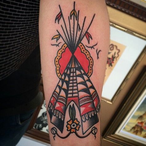 Teepee American Traditional Teepee Tattoo, Tee Pee Tattoo, Traditional Native American Tattoos, Preston Tattoo, Boho Dreadlocks, Trible Tattoos, Drum Tattoo, Indian Tattoos, Native American Tattoo