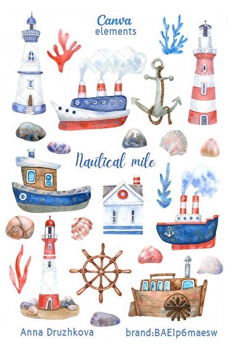 Boat Clipart, Lighthouse Clipart, Watercolor Nautical, Nautical Clipart, Sea Drawing, Watercolor Collection, Desain Quilling, Canvas Learning, Watercolor Nursery