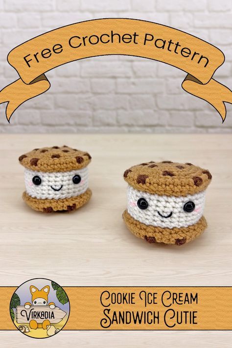 FREE crochet pattern available NOW! |🍪 Cookie Ice Cream Sandwich Cutie 🍪| Part 2 of 3 in the Frozen Dessert Cuties collection! Tan lines darkening as you stretch out in the sun, the constant hum of cicadas watching you from every tree, and the rejuvenating blast of cold air when you stick your hand in the freezer for an afternoon treat—as you retreat indoors to fend off the heat, there’s no better way to continue the summer adventures than with this free crochet cookie ice cream sandwich amigurumi pattern! Amigurumi Cookies Free Pattern, Cookie Crochet Pattern Free, Crochet Cookies Free Pattern, Dessert Crochet, Crochet Sandwich, Crochet Dessert, Ice Cream Crochet, Crochet Cookie, Crocheted Food