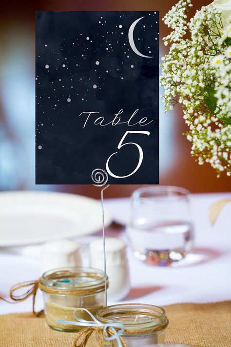 Moon Table Numbers, Starry Night Seating Chart, Celestial Wedding Table Numbers, Under The Stars Wedding Decorations, A Starry Night Theme, Starry Night Prom Centerpieces, Celestial Table Numbers, Starry Night Table Decor, Starry Night Prom Theme Decoration