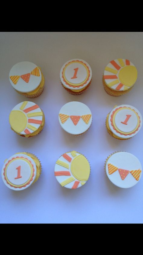 You are my sunshine theme cupcakes Sunshine Birthday Cupcakes, Boho Sun Cupcakes, Sunshine Theme Cupcakes, Sun Theme Cupcakes, Sunshine Cupcake Cake, You Are My Sunshine Cupcakes, Sunshine Cupcakes Ideas, Here Comes The Sun Cupcakes, Sun Cupcakes