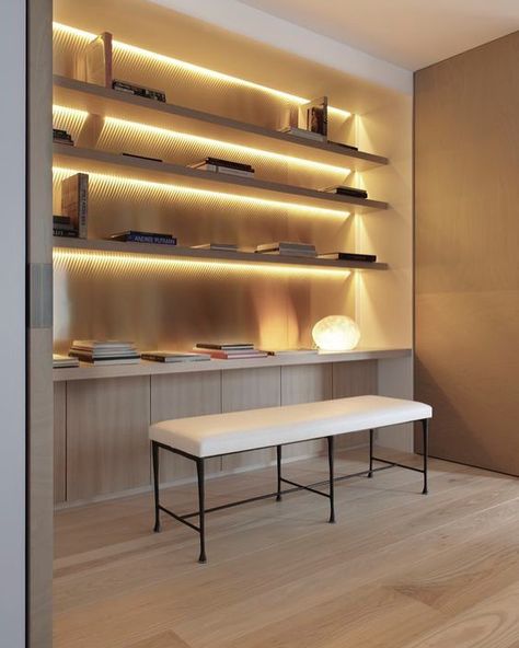 Use LED strip to light up your shelving. Floating Shelves With Lights, Joinery Details, Entertainment Wall, Shelf Lighting, Floating Shelves Diy, Island Ideas, Wooden Floor, Wooden Projects, Design Del Prodotto