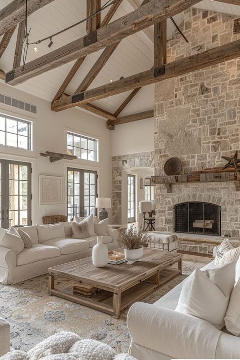 29 Barndominium Interior Ideas to Inspire Your Dream Home 25 Classical Home Interior Design, Farmhouse Cozy Decor, Stone Fireplace Modern Farmhouse, Stone House Interior Design, Warm And Cozy Living Room Designs, Wall Fireplace Ideas, Living Room Fireplace Ideas, House With Character, Barn Living Room