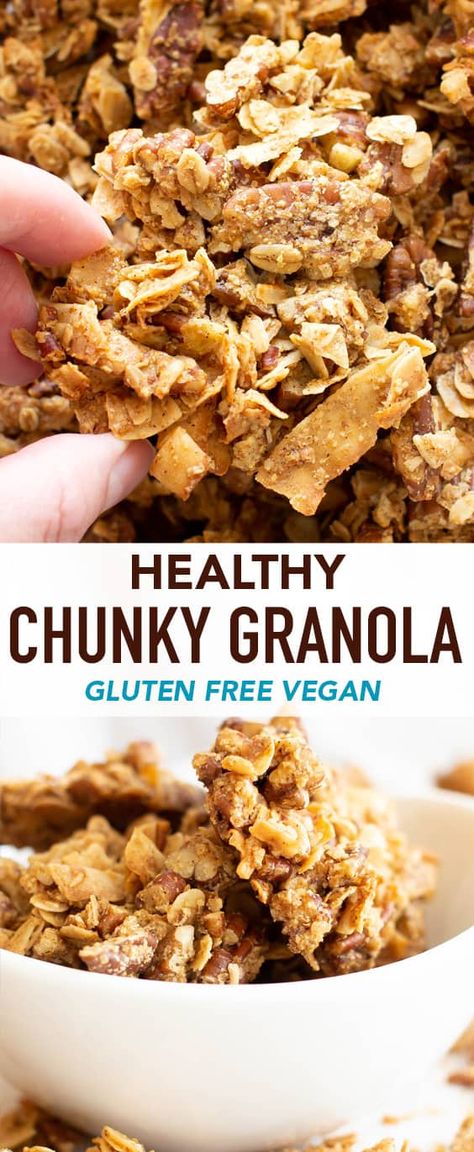 Healthy Chunky Granola Recipe (Vegan, Gluten Free) - Beaming Baker Chunky Granola Recipe, Granola Clusters Recipe, Chunky Granola, Vegan Granola Recipe, Granola Recipe Healthy, Paleo Granola, Vegan Granola, Granola Recipe Homemade, Gluten Free Granola