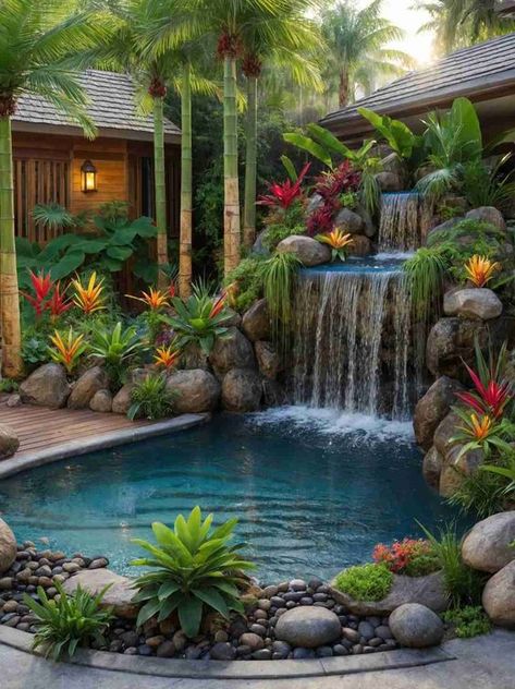 47 Stunning Small Backyard Pool Ideas with Waterfall in 2024 Pool Ideas With Waterfall, Garden Ideas Minecraft, Solar Waterfall, Seasonal Decor Ideas, Small Backyard Pool Ideas, Small Garden Waterfalls, Landscaping Around Pool, Small Apartment Balcony, Small Backyard Pool