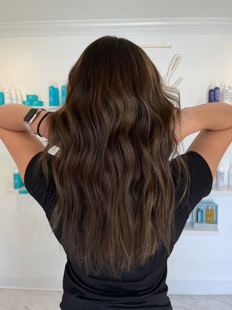 Brown Wavy Hair Styles Medium, Women’s Dark Brown Hair, Dark Brown No Highlights, Semi Dark Brown Hair, Balayage On Dark Brown Hair Straight, Dark Brown Hair Inspo Medium Length, Dark With Dimension Hair, Brown Hair With Definition, Dark Brown Hair Lightened