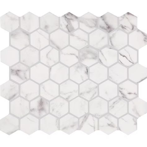 STAINMASTER Calacatta Silver 10-in x 12-in Matte Ceramic Hexagon Marble Look Floor and Wall Tile (1-sq. ft/ Piece) in the Tile department at Lowes.com Lowes Tile, Backsplash Options, Colorful Bathroom Tile, Hexagon Mosaic Tile, 2 Sisters, Shower Floor Tile, Mosaic Floor Tile, Modern Mosaics, Beige Ceramic