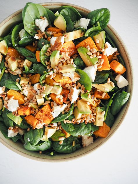 Pumpkin Salad with Avocado, Goat Cheese, Spinach & Pine Nuts Avocado Goat Cheese, Salad With Spinach, Pumpkin Salad, Cheese Spinach, Salad With Avocado, Winter Salad, Fresh Spinach, Spinach Leaves, Savoury Recipes