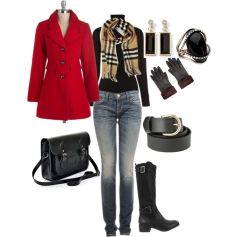 "Little red coat" by tonyagex on Polyvore Red Pea Coat Outfit, Chic Red Pea Coat For Winter, Red Pea Coat For Fall, Casual Red Double-breasted Pea Coat, Red Single-breasted Pea Coat For Winter, Red Coat Outfit, Red Pea Coat, Classic Style Outfits, Red Coat