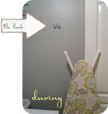 I'd love to hang my ironing board, but most pins show ironing boards with one horizontal leg per side and the two hook method to hang that kind won't work with mine (which is like this one). It'd be great if just one hook like this will work for mine ... HAVE to try this! Hang Ironing Board, Hanging Ironing Board, Ironing Board Storage, Diy Ironing Board, Ironing Board Hanger, Ironing Board Holder, Laundy Room, Laundry Makeover, Laundry Room/mud Room