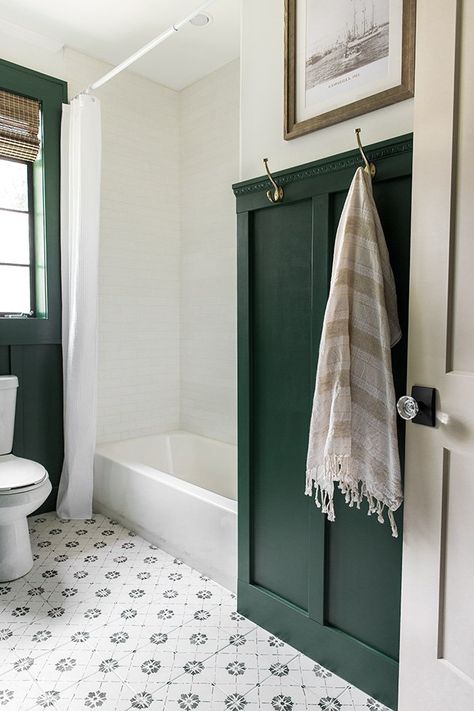 Riverside Retreat Main Bathroom Reveal - Jenna Sue Design Moody Beach Bathroom, Dark Green And Cream Bathroom, Dark Green Board And Batten Bathroom, Green Board And Batten Bathroom, Green Board And Batten Wall, Bathrooms Vintage, Bathroom Wainscoting Ideas, Bathroom Wainscoting, Bathrooms Modern