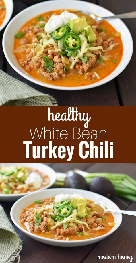 White Turkey Chili, Nutritious Soup, White Bean Turkey Chili, Healthy Chili Recipe Turkey, Turkey Chilli, Ground Turkey Chili, Protein Vegetables, Turkey Chili Healthy, Modern Honey