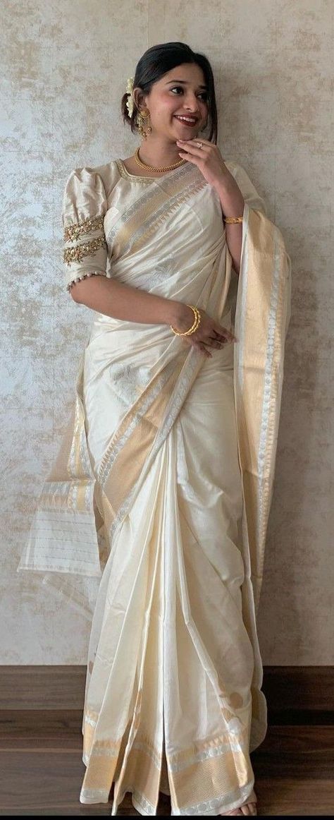 Onam Saree Modern, Lehenga Blouse Styles, Onam Dress, Lehenga Designs Latest, Onam Outfits, Onam Saree, Cotton Saree Blouse Designs, Fashion Show Dresses, Simple Saree Designs