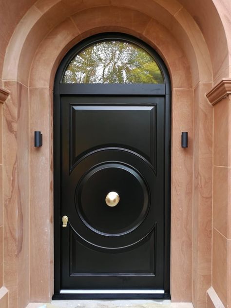 Front Door With Arch, Door House Entrance, Front Security Door, Turret House, Arched Front Door, Black Front Door, Transom Window, Main Entrance Door Design, Main Entrance Door