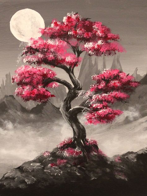 Easy Landscape Paintings, Monochrome Painting, Tree Painting Canvas, Moon Tree, Painting Trees, Easy Flower Painting, Pink Tree, Color Magenta, Pink Trees