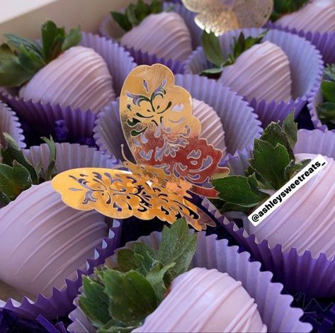 Tangled Chocolate Covered Strawberries, Rapunzel Strawberries, Light Purple Chocolate Covered Strawberries, Light Purple Birthday, Lavender Strawberries, Light Purple Birthday Party Ideas, Purple Strawberries, Purple Chocolate Covered Strawberries, Baby Shower Snack Table