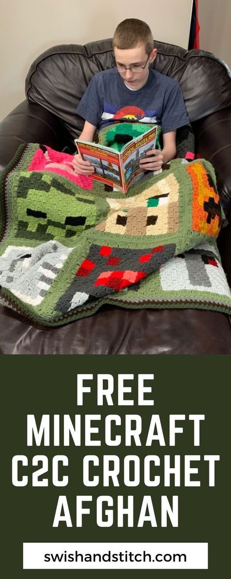 Teen reading Minecraft magazine while sitting in chair with Minecraft C2C crochet afghan on his lap. Minecraft Crochet Patterns, Minecraft Blanket, Minecraft Crochet, Minecraft Pattern, Block Crochet, Easy Blanket, Crochet C2c Pattern, C2c Crochet Blanket, Corner To Corner Crochet