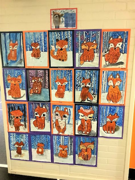 Grade 2 Christmas Art Ideas, Fox Winter Art, Winter Art Lessons Kindergarten, 1st Grade Holiday Art Lessons, Art Projects For Grade 1 And 2, Arctic Fox Art For Kids, Winter Art 2nd Grade, Winter Themed Art Lessons, Winter Craft 5th Grade