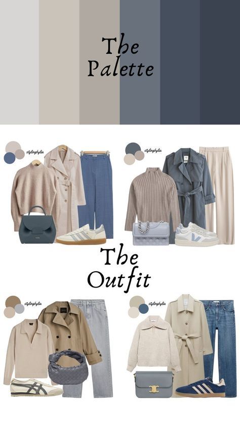 Soft Summer Blue Outfit, Muted Cool Color Outfits, Soft Summer Wardrobe Basics, Grey Color Palette Outfit, Soft Autumn Blue Outfit, Summer Palette Capsule Wardrobe, Cool Summer Outfits Palette, Grey Trench Coat Outfit, Wardrobe Color Guide