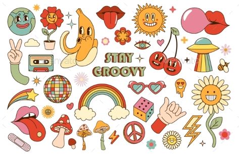 Groovy Sticker Groovy Elements, Groovy Cartoon, Groovy Graphics, Groovy Aesthetic, Box Design Templates, Flower Rainbow, Sticker Retro, 70s Hippie, Retro 70s