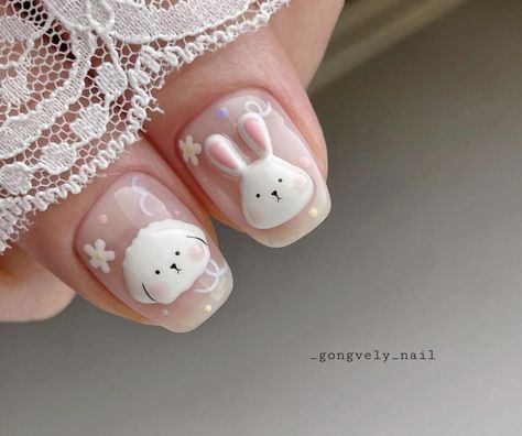 Nails With Dog Design, Nails Dog Design, Nail Cute Korean, Bunny Nails Designs, Nails Cute Korean, Korean 3d Nail Art, Cute Nails Korean, Cute Korean Nail Art, Puppy And Bunny