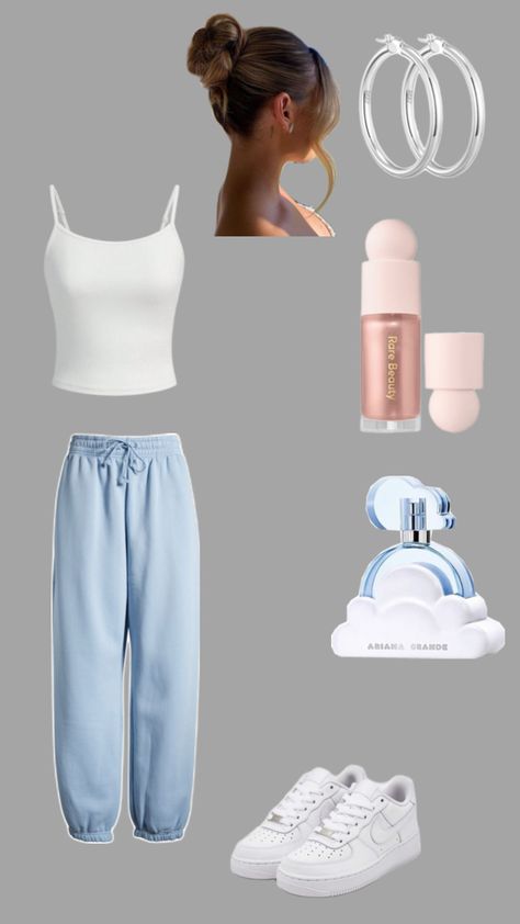 light blue brandy melville sweatpants, ariana grande cloud perfume, clean girl aesthetic Outfits With Blue Sweatpants, Light Blue Sweatpants Outfit, Blue Sweatpants Outfit, Ariana Grande Cloud Perfume, Cloud Perfume, Light Blue Sweatpants, Perfume Clean, Brandy Melville Sweatpants, Simple Outfits For School