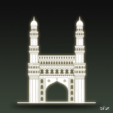 Hyderabad-Charminar. Art By : SrikanthVFX Charminar Drawing, Mithai Boxes, Embroidery Hoop Art Diy, Airplane Wall Art, Airplane Wall, Building Logo, Simple Illustration, Highlight Icons, Art Drawings Sketches Creative