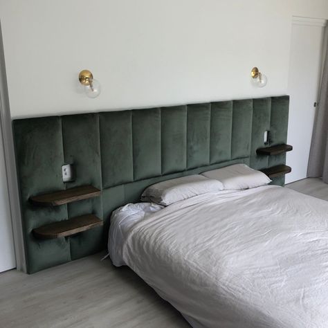 extra wide headboard velvet green panels with light switch wall sconces Headboard Design Modern Bedhead, Headboard Design Modern, Extra Wide Headboard, Bed Headboard Ideas, Made Beds, Wide Headboard, Bedhead Design, Timber Bed, Ideas For Bedrooms