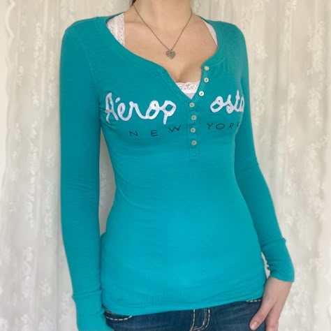 Aeropostale Long Sleeve Shirts, Blue Mcbling Outfit, 2000s Fashion Shirts, Teal Shirt Outfits, Teal Top Outfit, 2000s Long Sleeve Shirt, Teal Clothes, Aeropostale Henley, Henley Top Outfit