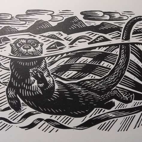 Otter Drawing, Woodcut Art, Linoleum Print, Linocut Printmaking, Lino Art, Relief Printing, Linocut Art, Wildlife Artists, Arte Animal