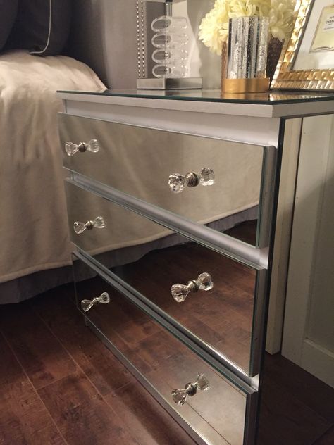 Hello everybody!!!! Welcome to my 1st blog post!! Im new to the whole blogging thing but please bare with me! I will have more post coming soon. Since sharing these DIY night stands I made on my In… Diy Mirror Dresser, Diy Night Stand, Diy Mirrored Furniture, Mirrored Dresser, Mirrored Side Tables, Mirror Side Table, Ikea Mirror, Mirrored Bedroom Furniture, Diy Furniture Bedroom