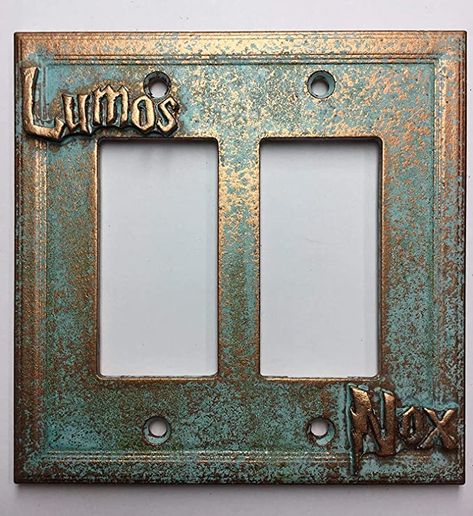 Lumos Nox Light Switch, Harry Potter Light Switch, Harry Potter Lumos, Harry Potter Bathroom, Lumos Nox, Harry Potter Light, Patina Paint, Outlet Plates, Aged Copper