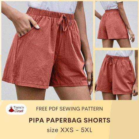 Pipa paperbag shorts free PDF sewing pattern – Tiana's Closet Shorts With Pockets Pattern, Baggy Shorts Sewing Pattern, Free Linen Shorts Pattern, Shorts Pattern Sewing Free, Jean Shorts Sewing Pattern, Elastic Waist Shorts Pattern Free, Elastic Shorts Pattern, Plus Size Shorts Sewing Pattern, Summer Shorts Sewing Pattern