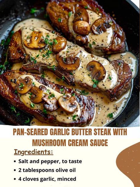 Recipes Own Pro Pan Seared Garlic Butter Steak & Mushroom Cream Sauce, Steak Sauce Recipes, Copycat Food, Meaty Meals, Mushroom Cream Sauce, Mushroom Cream Sauces, Butter Steak, Salisbury Steak Recipes, Meal Prep Snacks