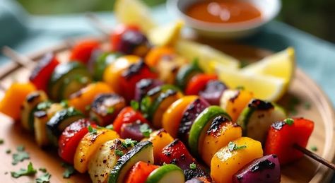 These grilled veggie skewers are packed with colorful, fresh vegetables marinated in a zesty garlic herb dressing for maximum flavor. Perfec... Garlic Herb Marinade, Grilled Vegetable Kabobs, Iraqi Cuisine, Herb Marinade, Herb Dressing, Vegetable Kabobs, Marinated Vegetables, Veggie Skewers, Persian Cuisine