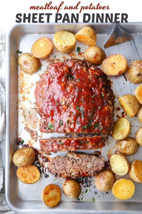 Make tonight’s meal a breeze with this one-pan meatloaf and potato dinner! Meatloaf And Potatoes, Meatloaf Topping, Potato Dinner, Sheet Pan Suppers, Best Meatloaf, Loaf Recipes, Pan Recipes, Favorite Comfort Food, Sheet Pan Dinners