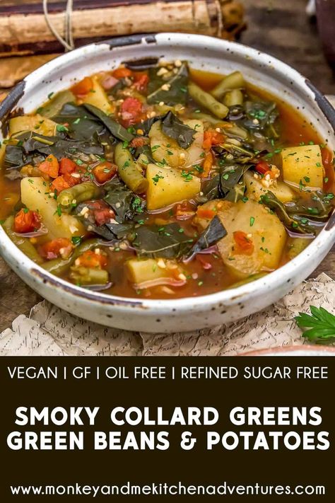 Flavorful and healthy, these oil free Smoky Collard Greens, Green Beans, and Potatoes are the perfect and filling way to eat nutritious greens! #wholefoodplantbased #vegan #oilfree #glutenfree #plantbased | monkeyandmekitchenadventures.com Collard Green Soup, Vegan Collard Greens, Monkey And Me Kitchen Adventures, Beans And Potatoes, Monkey And Me, Collard Greens Recipe, Green Beans And Potatoes, Green Soup, Collard Greens