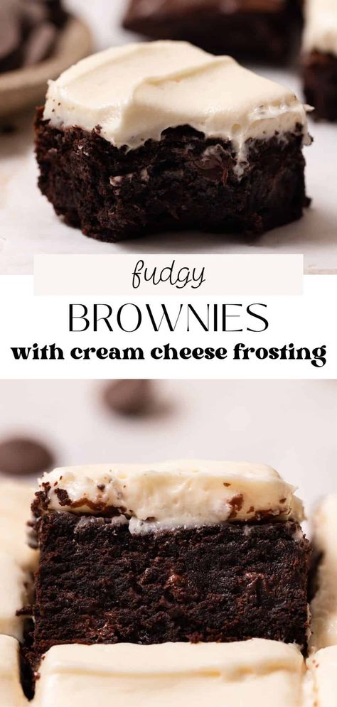 These fudgy brownies with cream cheese frosting are rich and decadent! The brownies have gooey centers and lots of chocolate flavor from melted chocolate and cocoa powder. The smooth, thick layer of cream cheese frosting spread on top adds a slightly tangy flavor and makes the brownies even more delicious! Cream Cheese Frosting For Brownies, Frosting For Brownies, Frosted Brownies Recipe, Brownies With Frosting, Brownies With Cream Cheese Frosting, Brownies With Cream Cheese, Frosted Brownies, Brownie Frosting, Cream Cheese Brownies