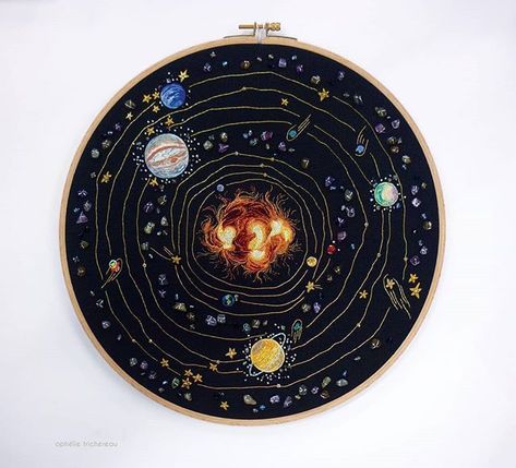 Embroidery With Black Background, Black Background Embroidery, Embroidery Designs On Black, Embroidery Universe, Planets Embroidery, Universe Embroidery, Galaxy Embroidery, Sun Embroidery, Embroidery On Black