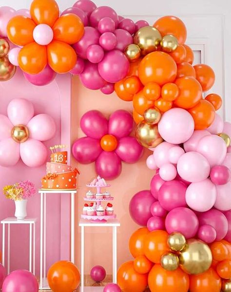 120pcs Pink Orange Balloon Garland, Daisy Balloon Arch with Metallic Gold Color Party Flower Balloons For Birthday Baby Shower Wedding Groovy Theme Decorations | SHEIN USA Groovy Decorations Party, Pink And Orange Birthday Party, Daisy Balloon Arch, Orange Balloon Garland, Groovy Party Decorations, Daisy Balloons, Groovy Theme, Orange Birthday Parties, Flower Balloons