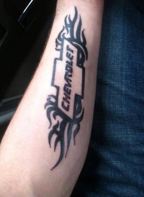 Chevy Chevrolet Tattoo Ideas, Chevy Nova Tattoo, Chevy Truck Tattoo Ideas, Chevy Bowtie Tattoo, Chevrolet Tattoo, Chevy Symbol Tattoo, Chevy Tattoo, Mechanic Tattoo, Couple Tattoo