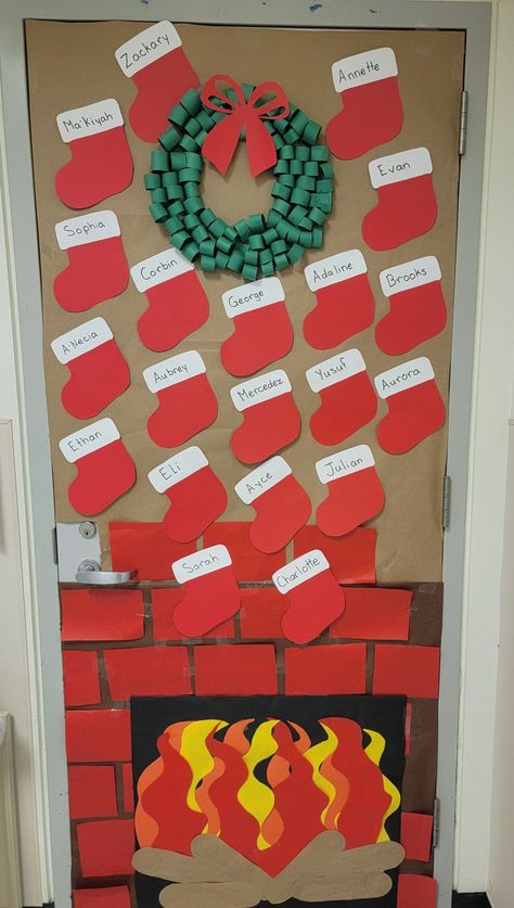 Decorating Your Classroom For Christmas, Teachers Christmas Door Ideas, Stocking Classroom Door Decoration, Class Decoration Christmas, Teacher Door Ideas Christmas, Teacher Doors For Christmas, Christmas Class Door Decorations Decorating Ideas, Christmas Door Decorations Bedroom, Winter Door Decorations For Toddler Room